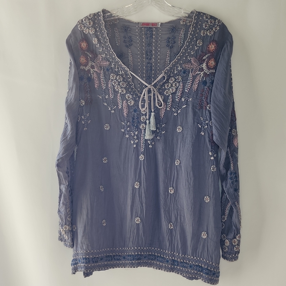 JOHNNY WAS Santorini Embroidered Blouse Cloudburst